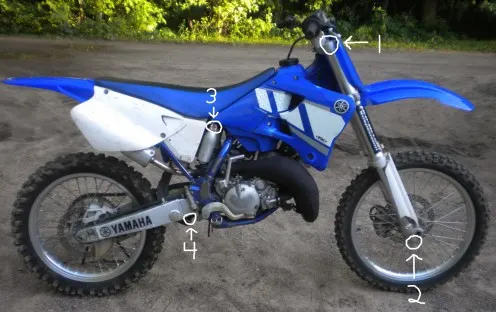 Locations of the compression and rebound clickers on a 2001 Yamaha YZ125 fork and shock