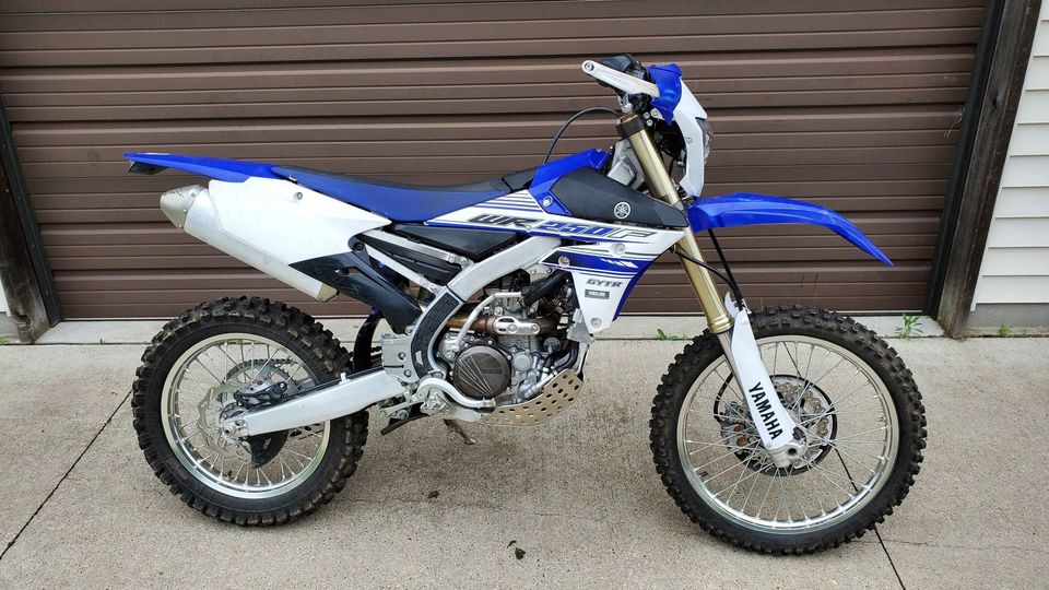 The reverse-style engine Yamaha WR250F 4-stroke enduro bike for trail riding