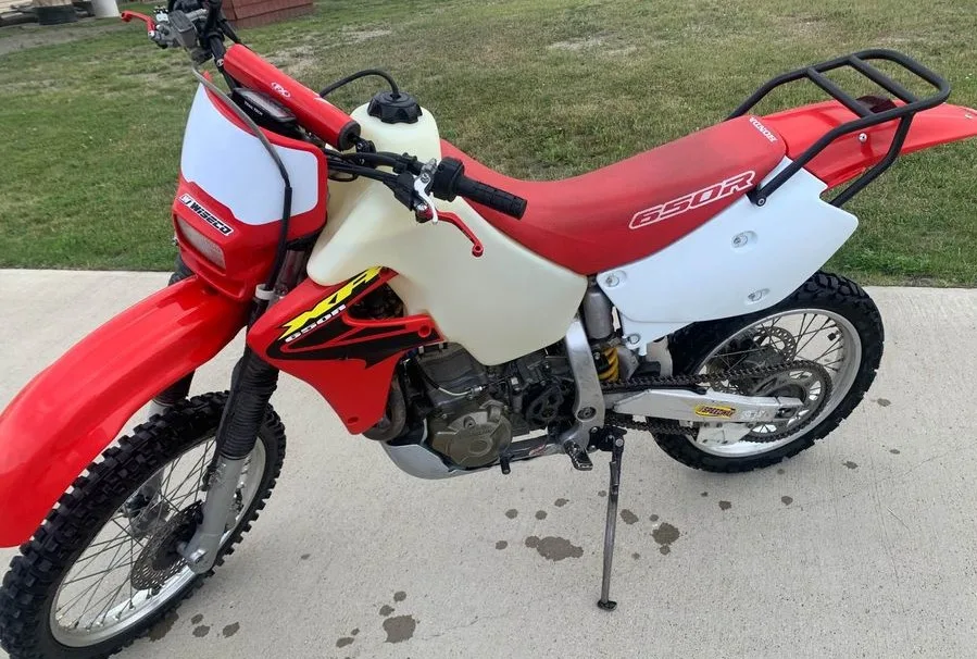 2000 Honda XR650R street legal dirt bike with a rear rack and oversize gas tank