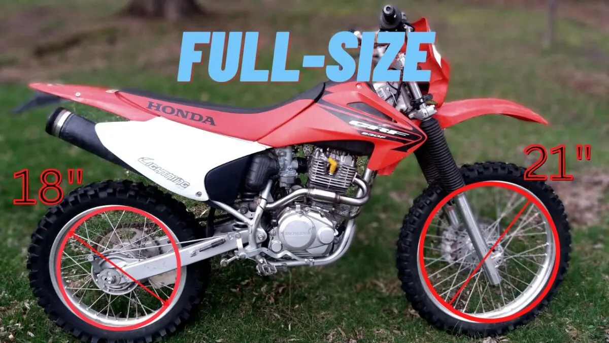 A full-size dirt bike with a 21 inch front wheel and 18 inch rear wheel for teens and adults