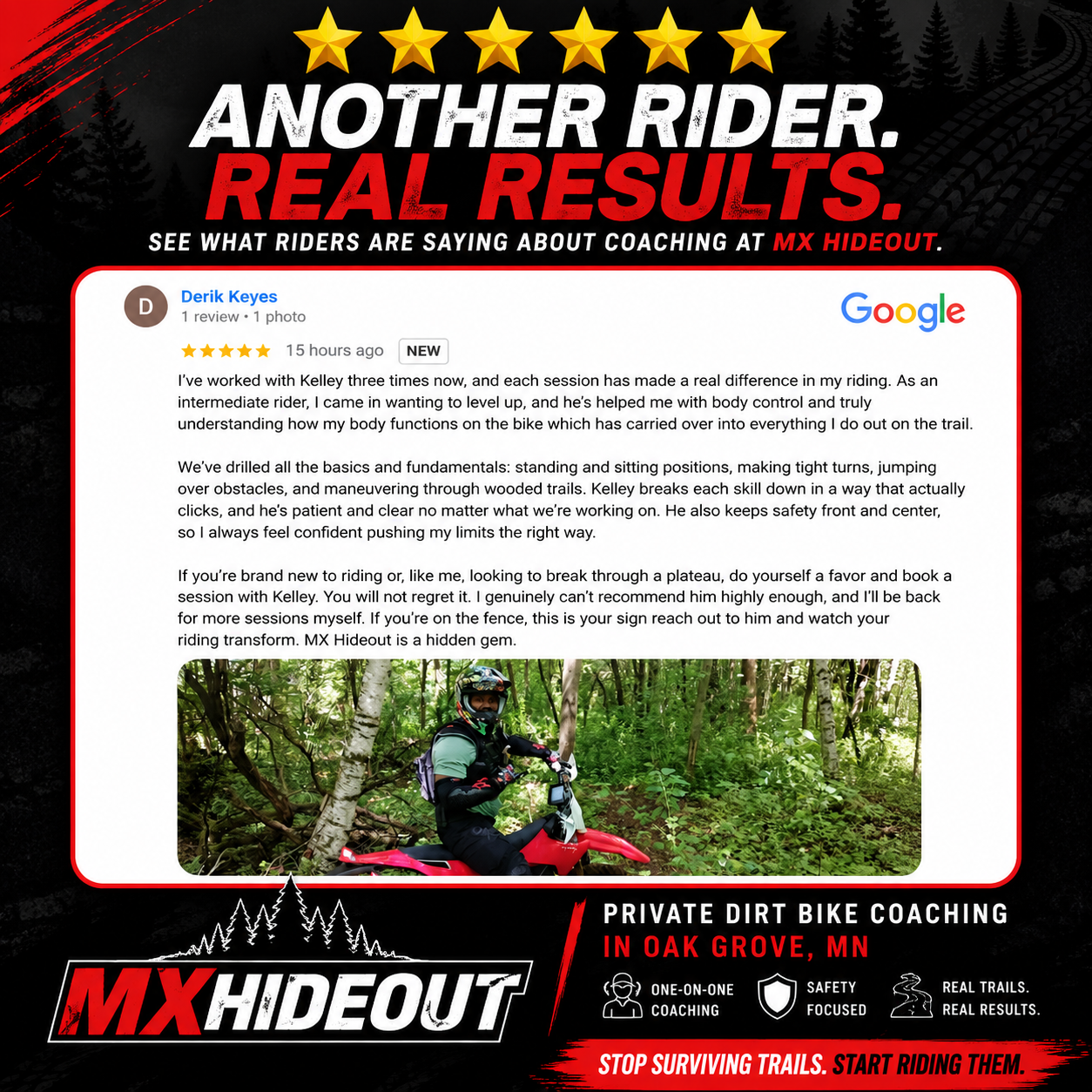 6 15 26 Google Review Graphic Derik Dirt Bike Lessons in Minnesota (Beginner Coaching for Trail Riders)