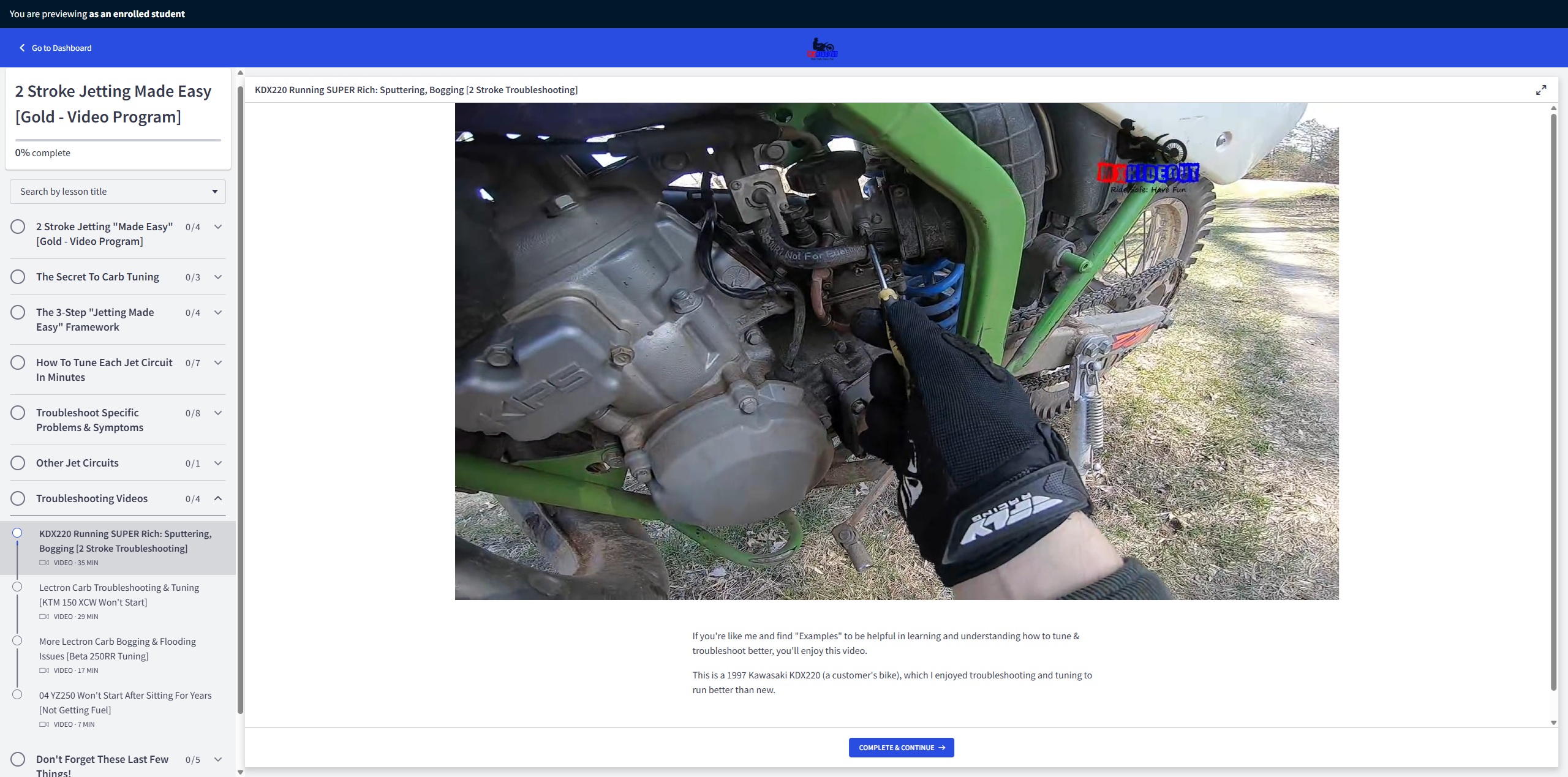 2SJME Course Screenshot Troubleshooting Video KDX220 2 Stroke Jetting "Made Easy"